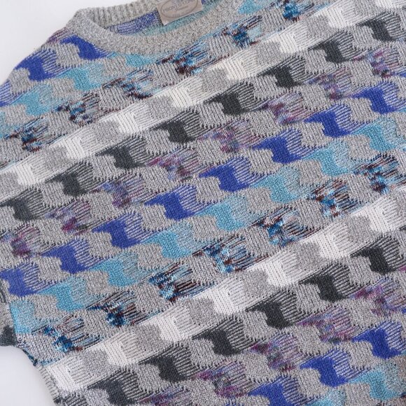 Pronto-Uomo Gray Blue Hounds Tooth Eclectic Grandpa Fine Knit Crew Neck Sweater - Picture 9 of 9